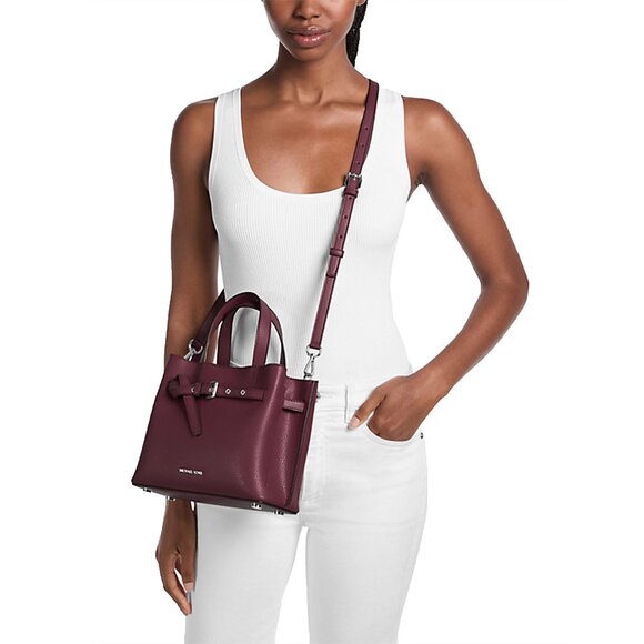 Michael Kors Emilia Small Pebbled Leather Satchel in Oxblood Crossbody Bag - Picture 3 of 13